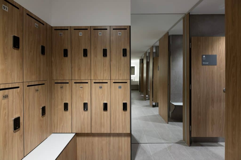 Plinth-mounted end of trip lockers in Durasafe compact laminate.