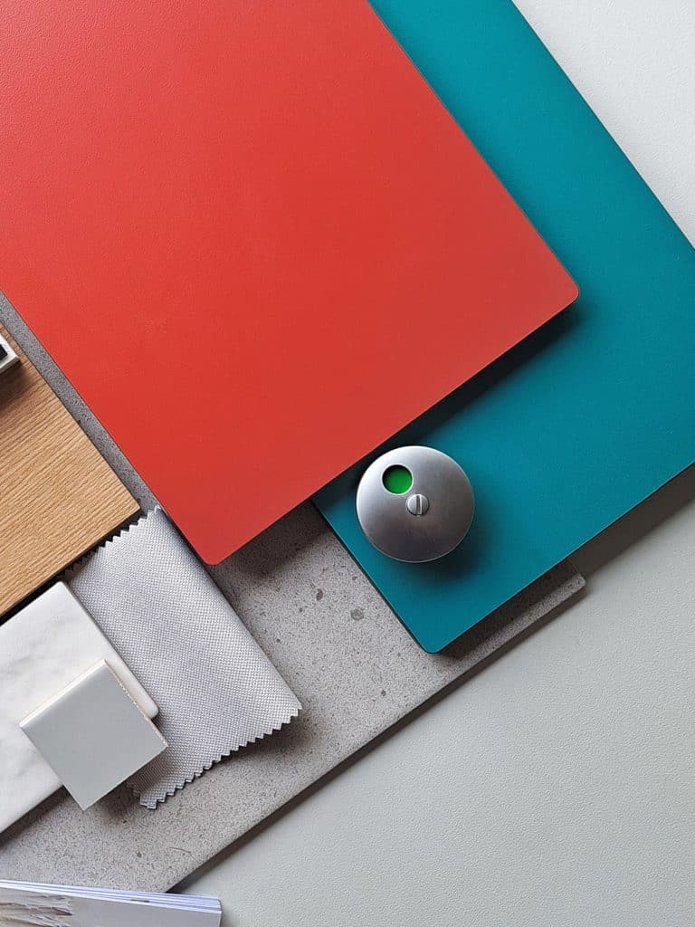 Brights & Bolds palette — Wattle, Jade Mist, Barrier Reef compact laminate samples with styling props
