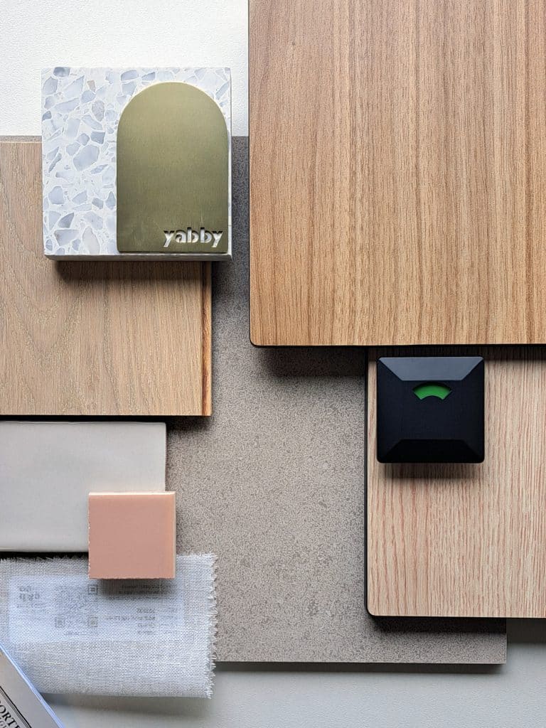 Contemporary Neutrals palette — Off White, Pure Ash, Oak compact laminate samples with styling props
