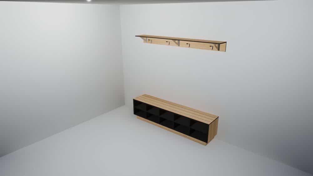 Shoe box wall bench seating with overhead shelving and coat rail