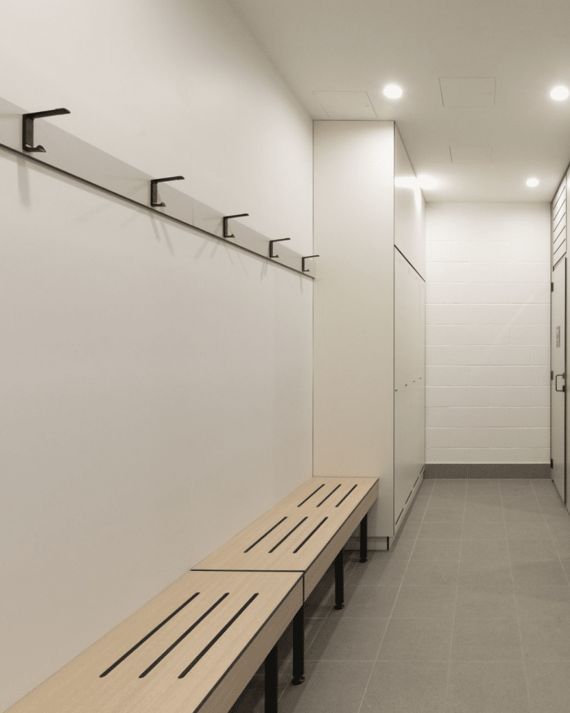 : BSW-C wall mounted bench seating with integrated coat rail and anti-snag hooks