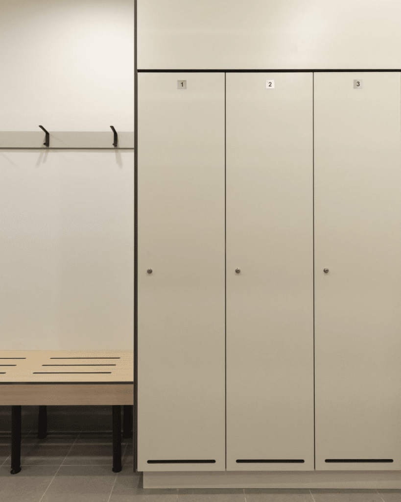 LPM plinth mounted compact laminate lockers for referee and match official changerooms