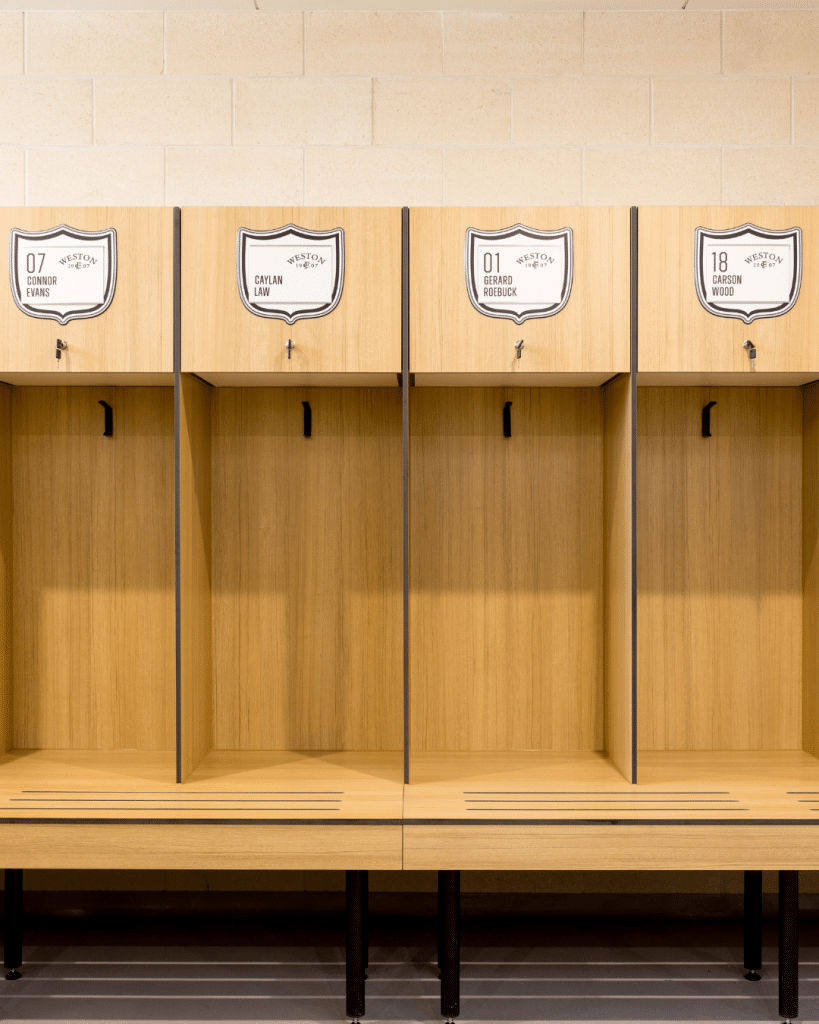 player lockers with integrated bench seat and shoe box storage compartments
