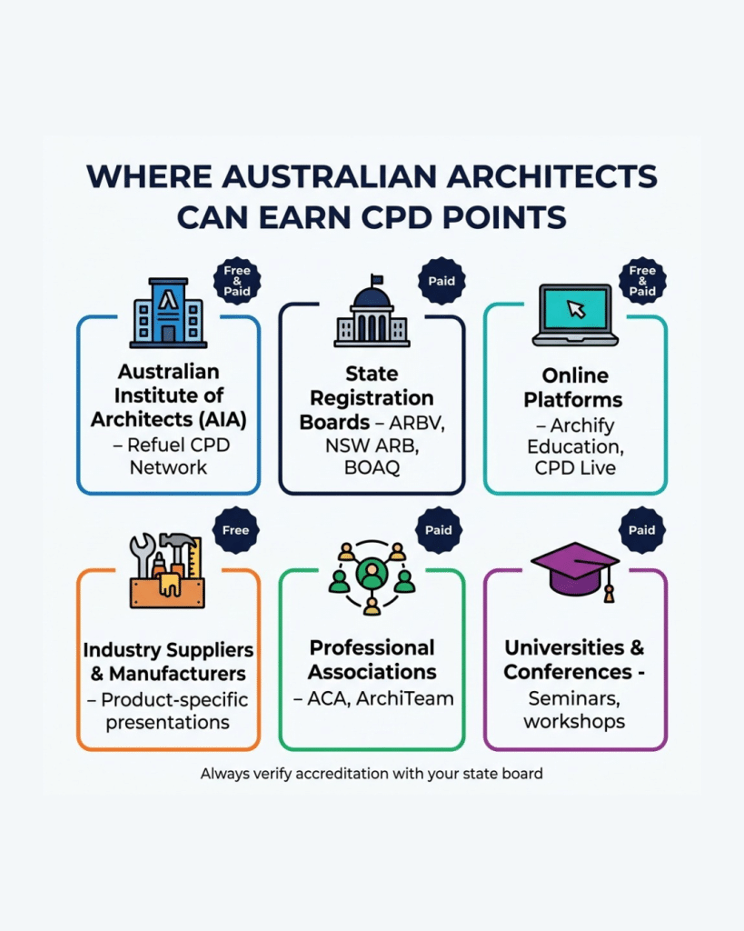 Victorian practitioners can earn CPD points through several pathways, including professional bodies, online education platforms, and manufacturer-led sessions.
