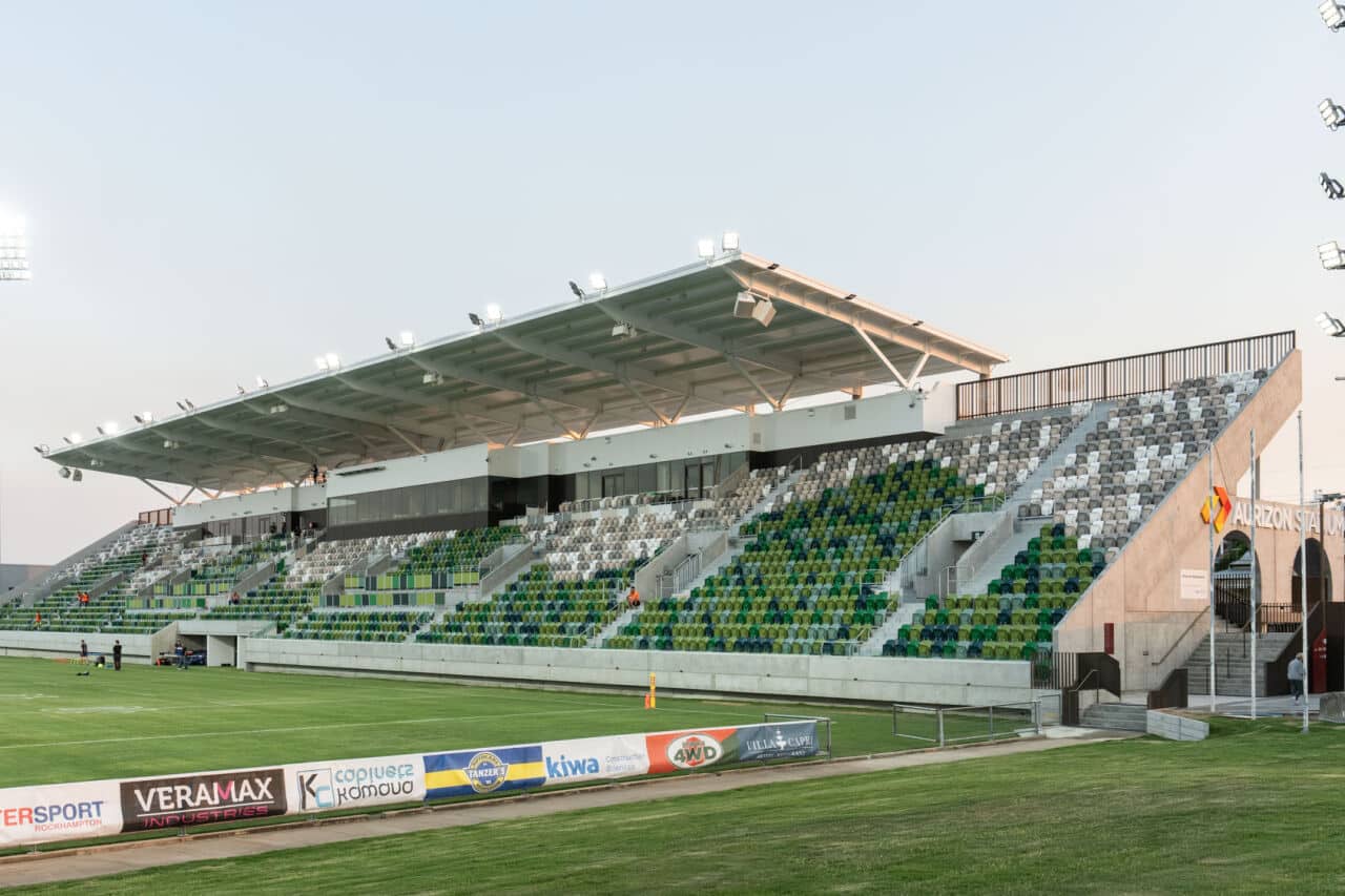 Browne Park Stadium redevelopment featuring modern sports facility architecture and grandstands by DuraCube.